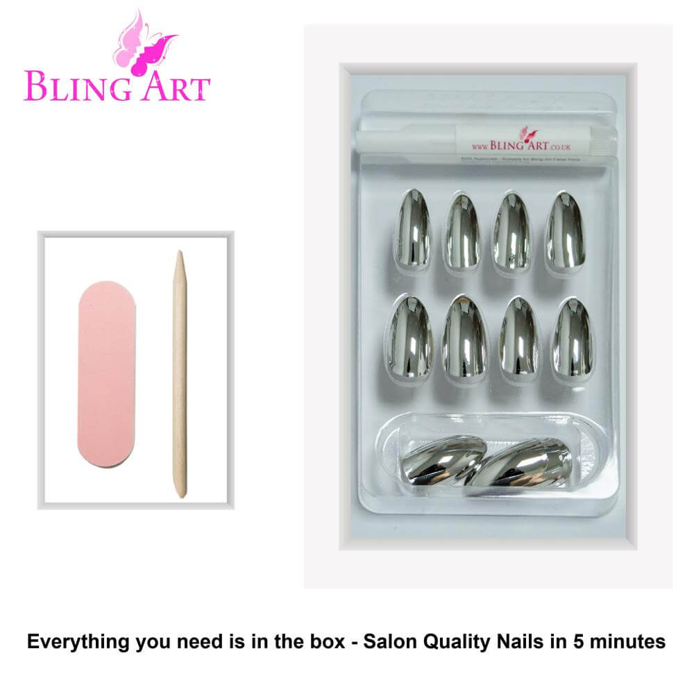 False Nails by Bling Art Silver Chrome Almond Stiletto Acrylic Long Fake Tips
