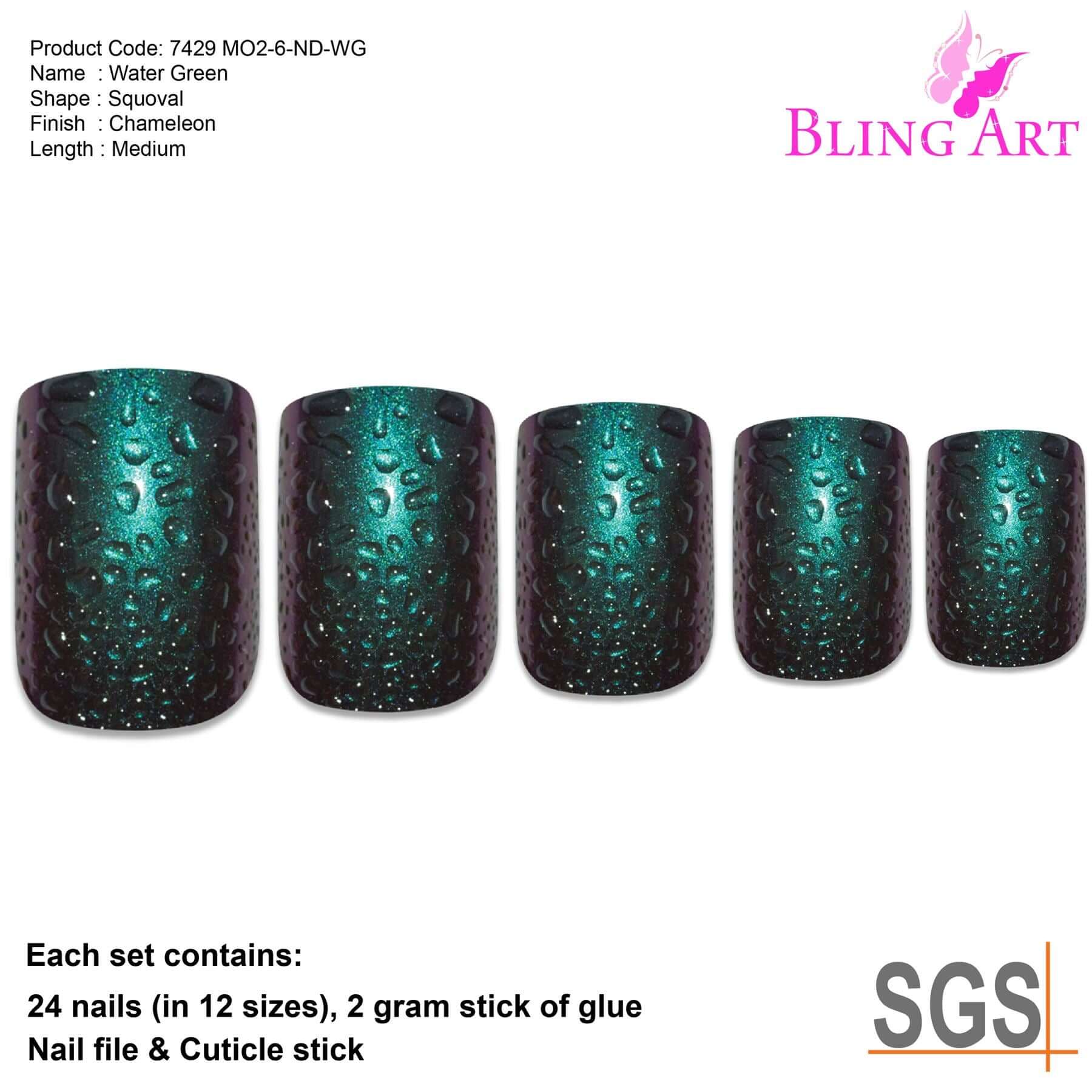 False Nails by Bling Art Green Purple Water French Squoval 24 Fake Medium Tips
