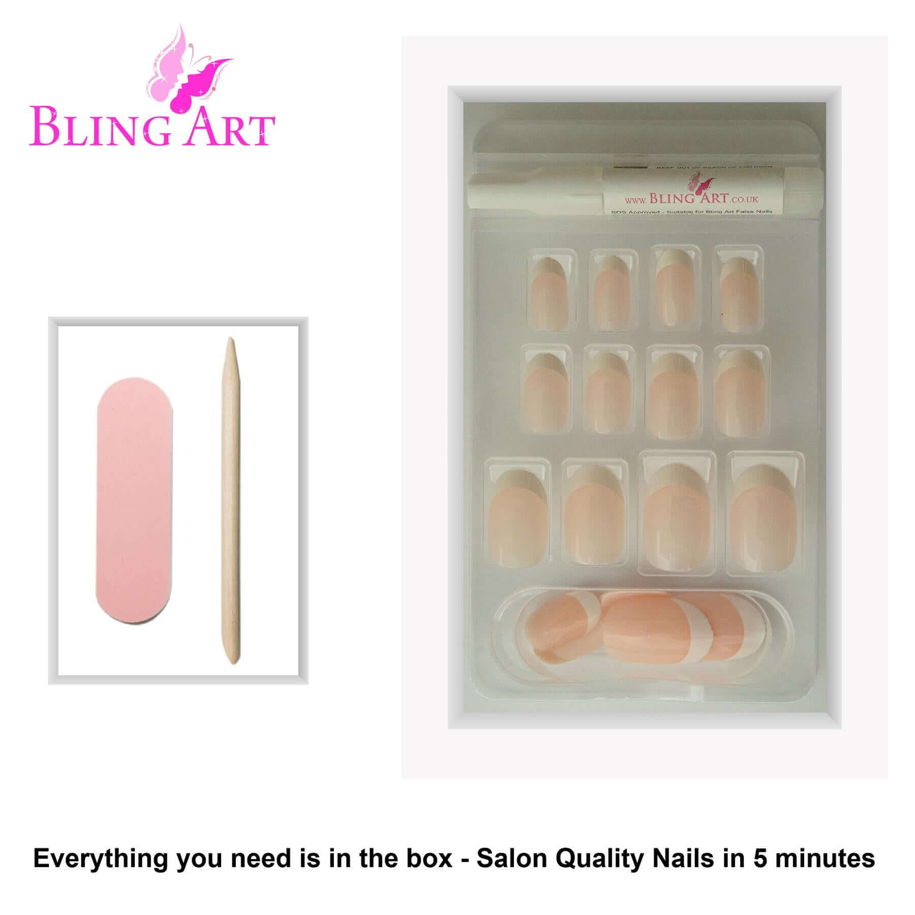 False Nails by Bling Art White French Polished Oval Medium Fake 24 Nail Tips