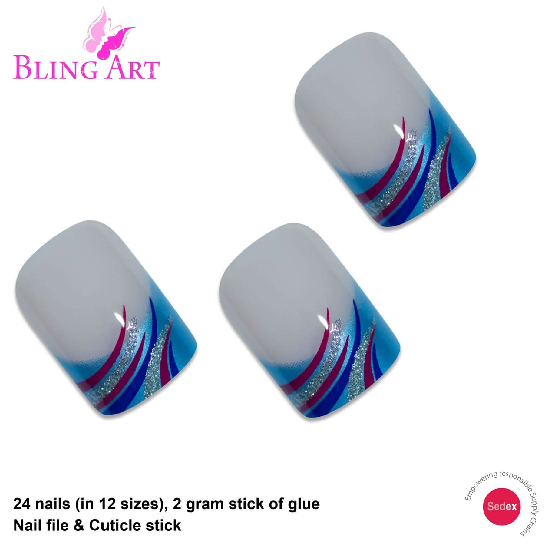 False Nails by Bling Art Glitter Blue French Manicure Fake Medium Tips with Glue