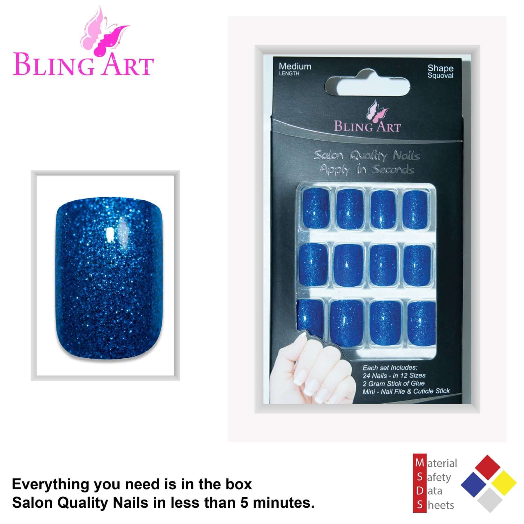 False Nails by Bling Art Blue Gel French Manicure Fake Medium Tips with Glue