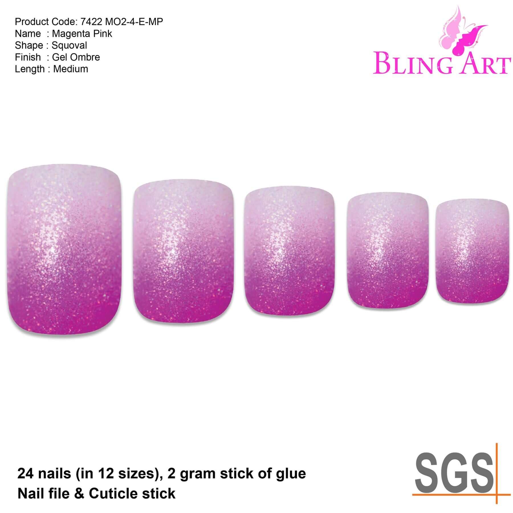 False Nails by Bling Art Magenta Gel Ombre French Squoval 24 Fake Medium Tips