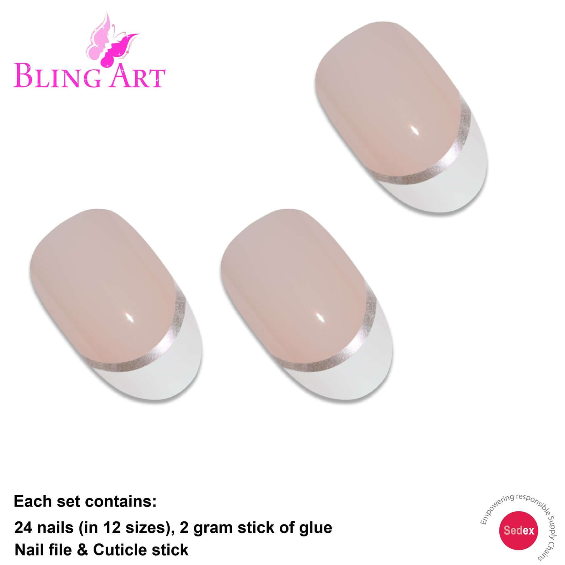 False Nails by Bling Art White Silver Polished Oval Medium Fake 24 Nail Tips