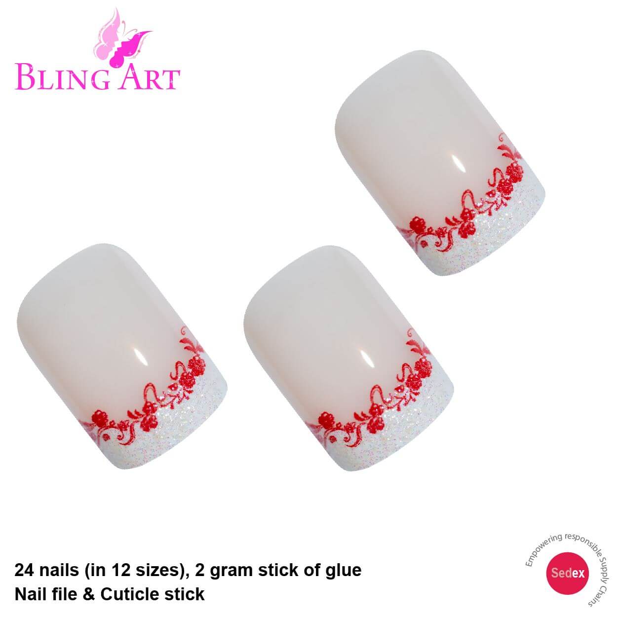 False Nails by Bling Art White Red Glitter Medium Tips With Glue