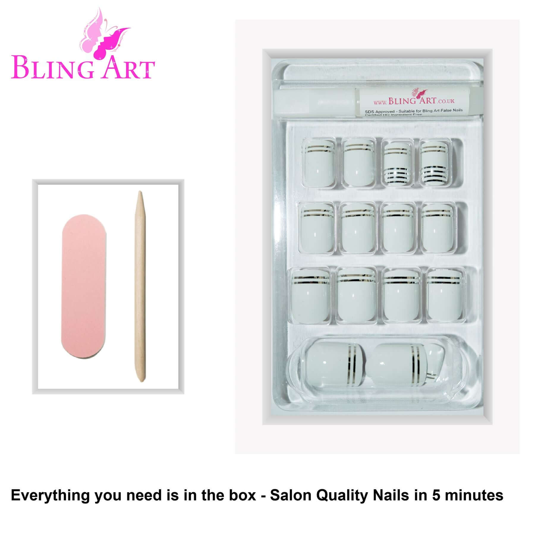 False Nails by Bling Art White Silver French Squoval 24 Fake Medium Acrylic Tips