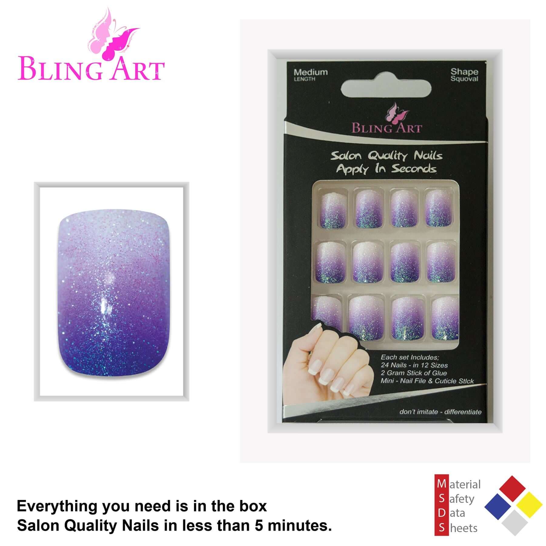 False Nails by Bling Art Purple Gel Ombre French Squoval 24 Fake Medium Tips