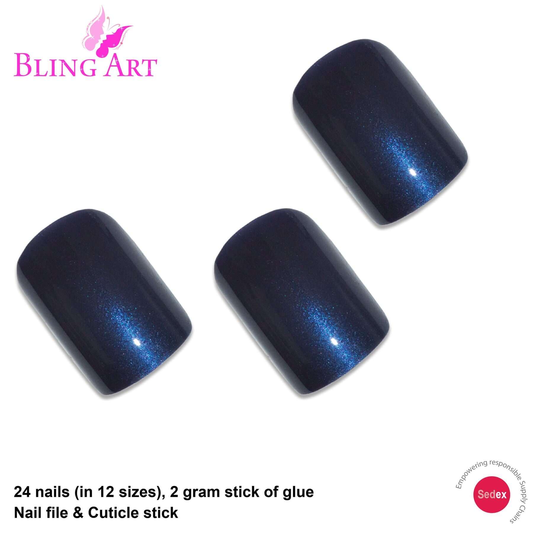 False Nails by Bling Art Blue Glitter French Squoval 24 Fake Medium Acrylic Tips