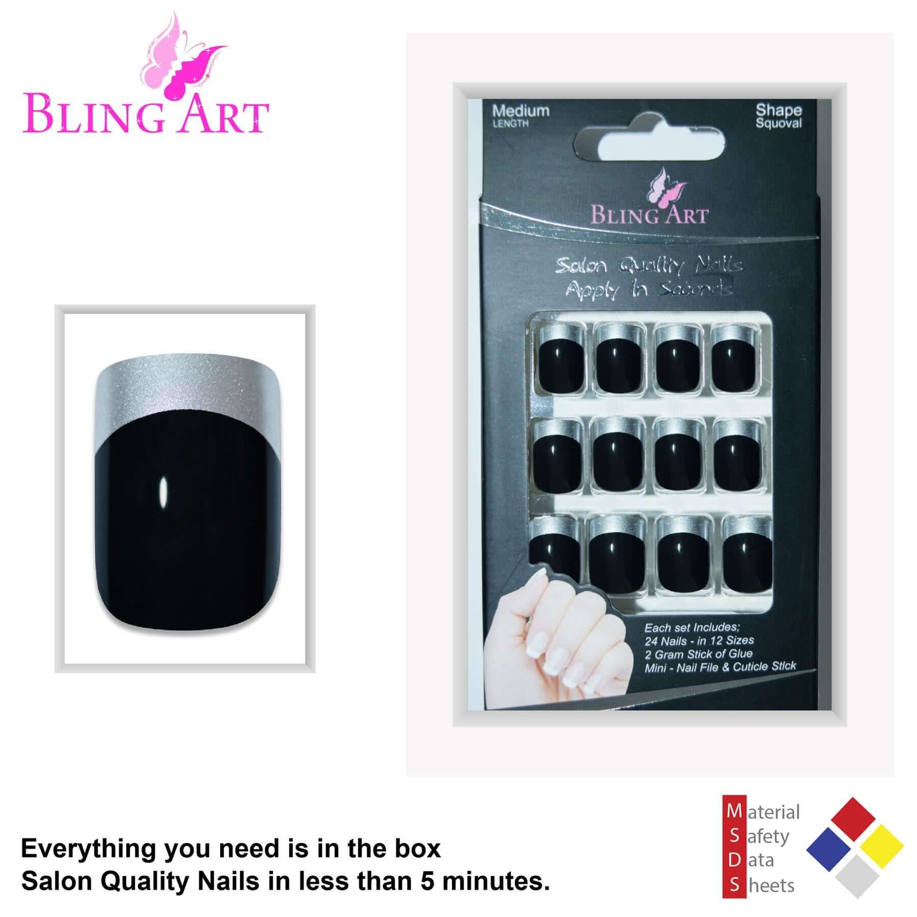 False Nails by Bling Art Black Silver French Manicure Fake Medium Tips with Glue