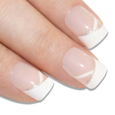 White Glitter French manicure press-on press-on false nails by Bling Art — 24 medium tips, salon-quality finish, no UV needed.