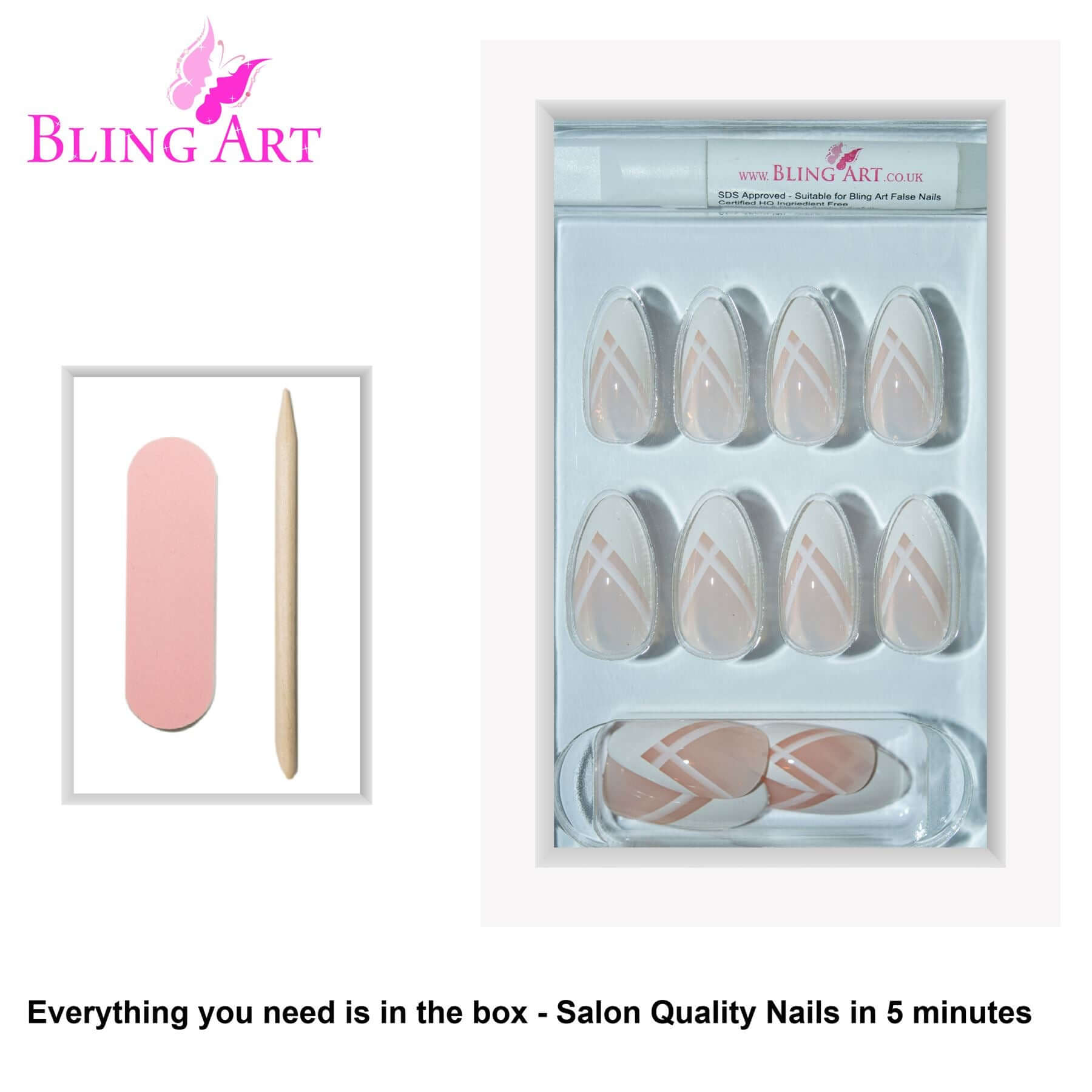 False Nails Bling Art White Lines Almond Stiletto Long Fake Acrylic Tips Glue