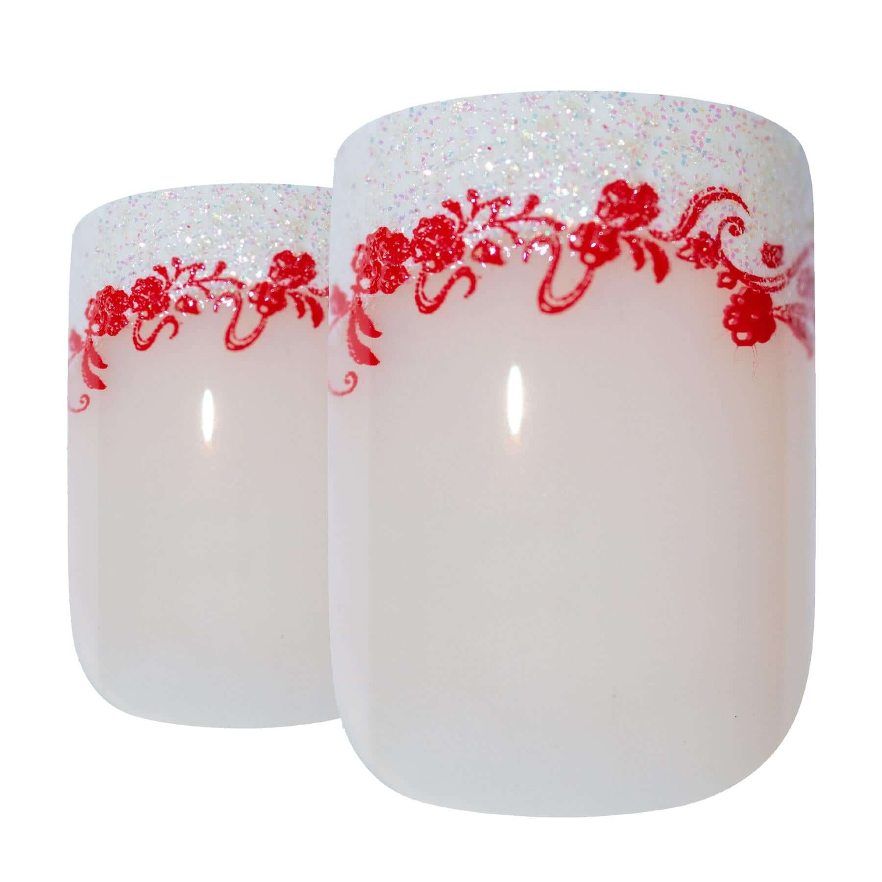 False Nails by Bling Art White Red Glitter Medium Tips With Glue