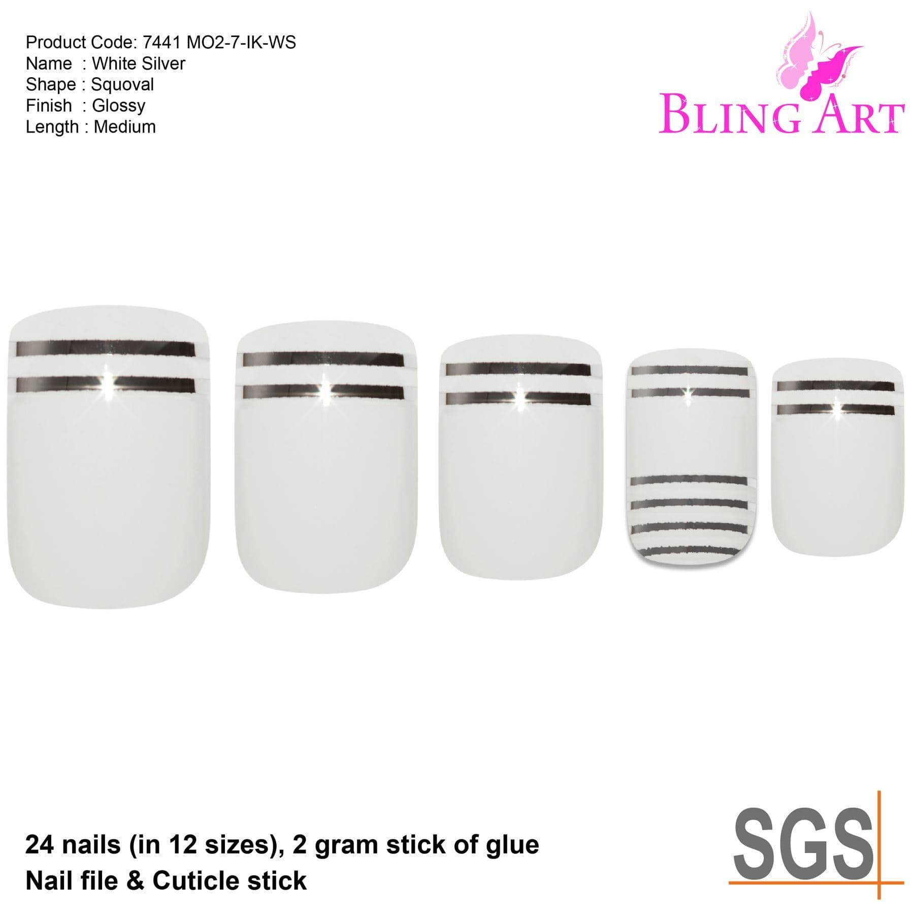False Nails by Bling Art White Silver French Squoval 24 Fake Medium Acrylic Tips