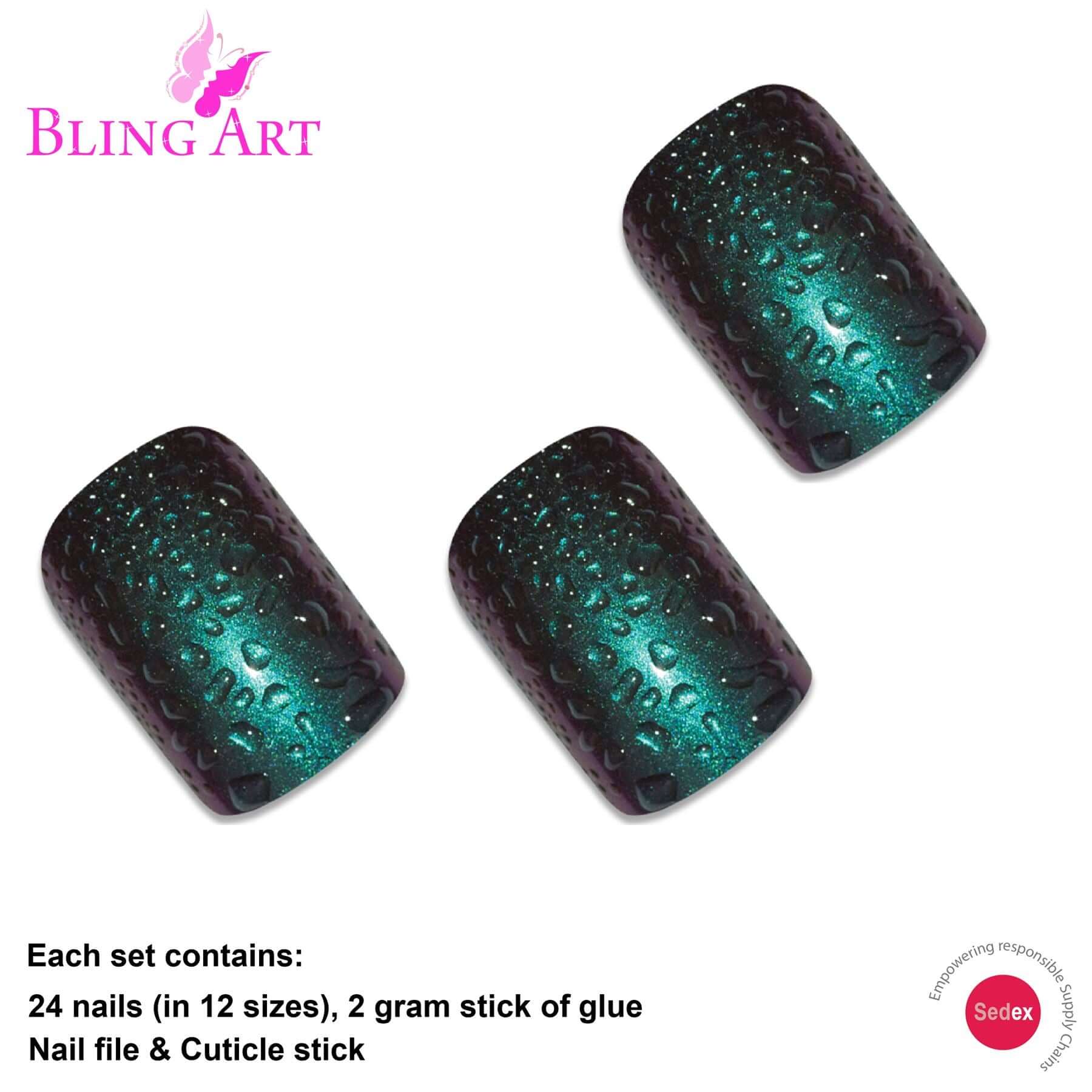 False Nails by Bling Art Green Purple Water French Squoval 24 Fake Medium Tips